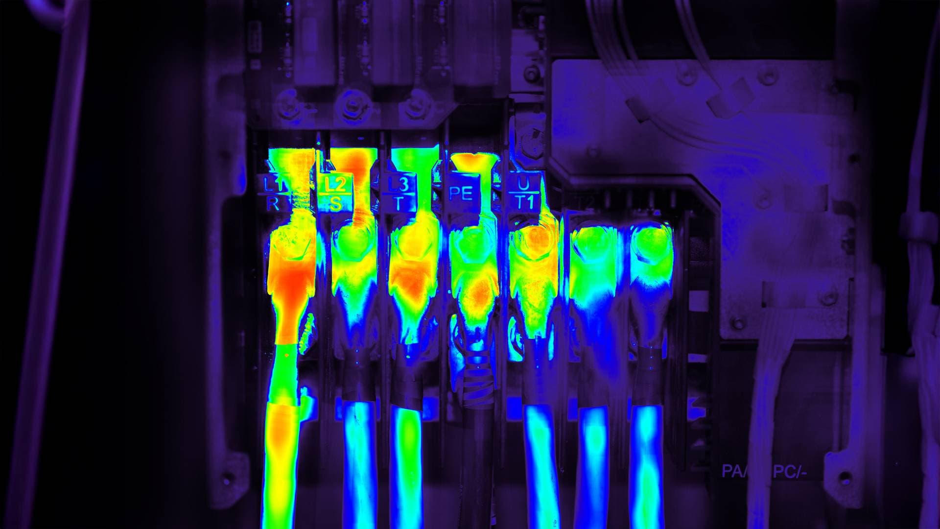 Infrared thermal image of electrical connections showing hot spots