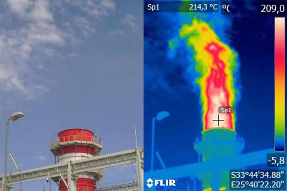 Visual and thermal comparison of a smokestack showing a preventative maintenance thermal survey