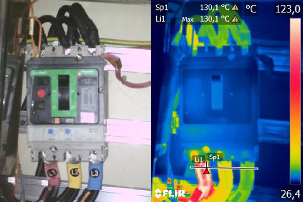 Visual and thermal comparison of a circuit breaker showing an ISO-accredited thermography certification survey